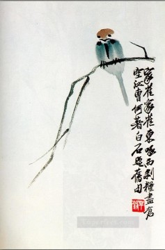 斉白石 Painting - 古い墨の枝にある斉白石スズメ